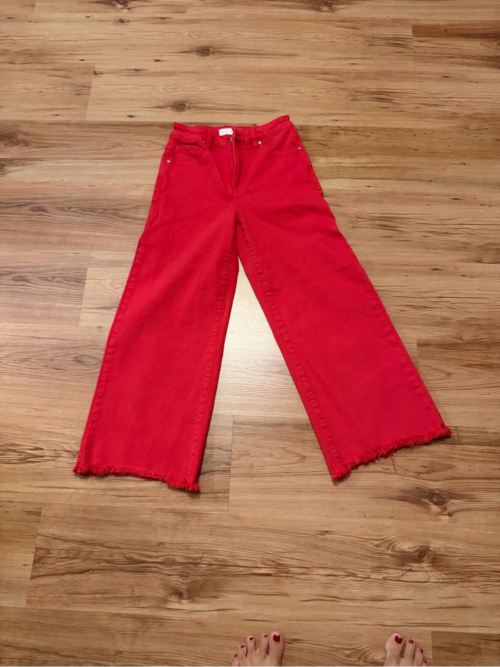 High-Rise Red Wide-Leg Jeans with Frayed Hem